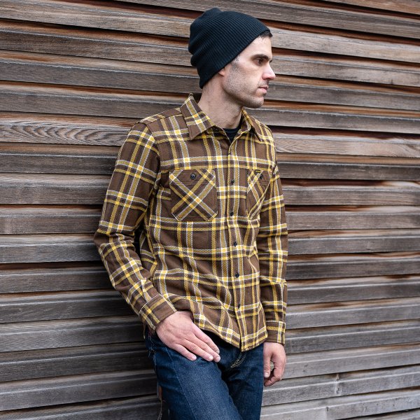 Iron Heart IHSH-378 Ultra Heavy Flannel Crazy Check Work Shirt - Brown