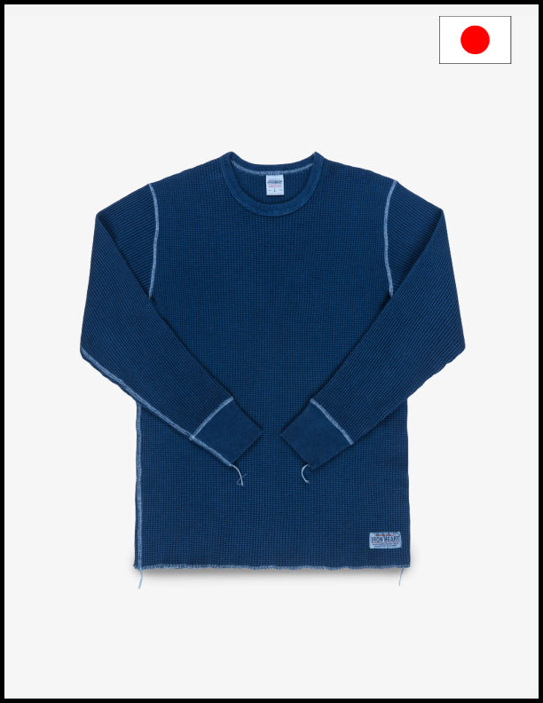 Iron Heart IHTL-1301 Waffle Knit Long Sleeved Crew Neck Thermal Top - Indigo Dyed