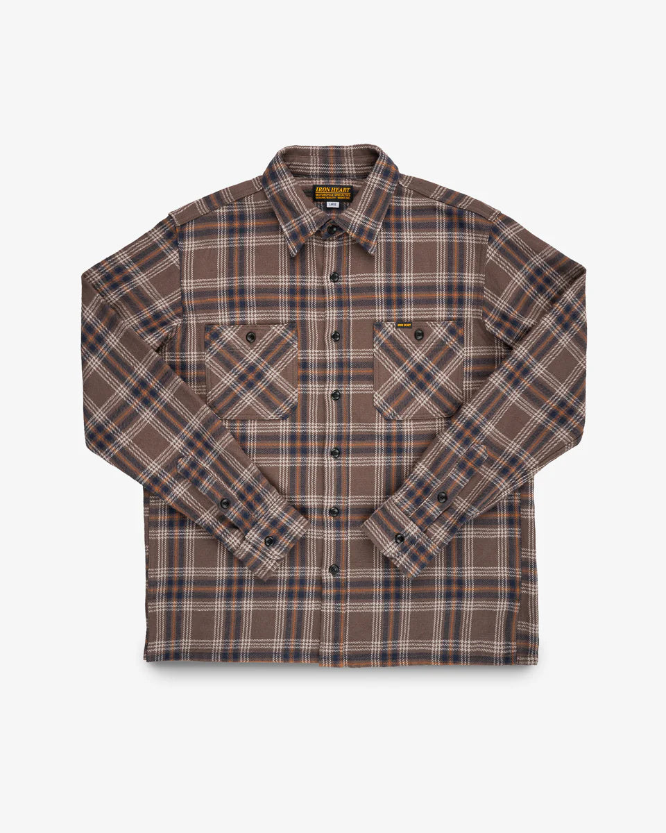 Iron Heart  IHSH-430 Slubby Heavy Flannel Check Work Overshirt - Brown