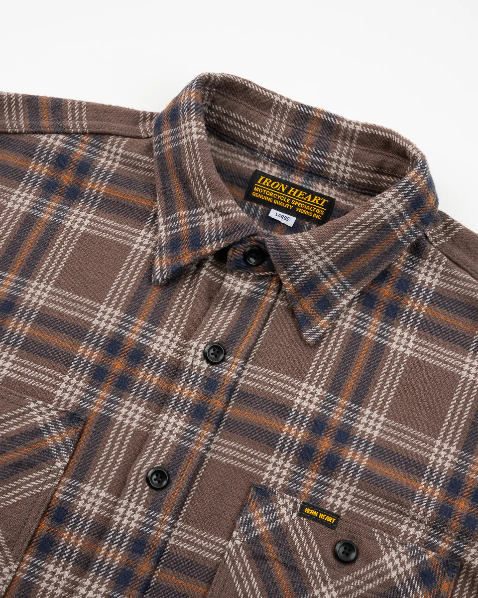 Iron Heart  IHSH-430 Slubby Heavy Flannel Check Work Overshirt - Brown