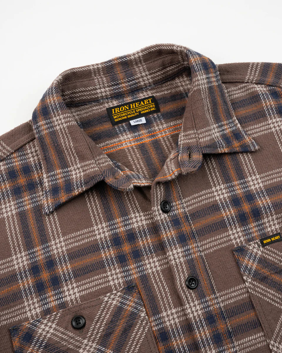 Iron Heart  IHSH-430 Slubby Heavy Flannel Check Work Overshirt - Brown