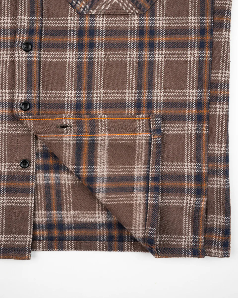 Iron Heart  IHSH-430 Slubby Heavy Flannel Check Work Overshirt - Brown