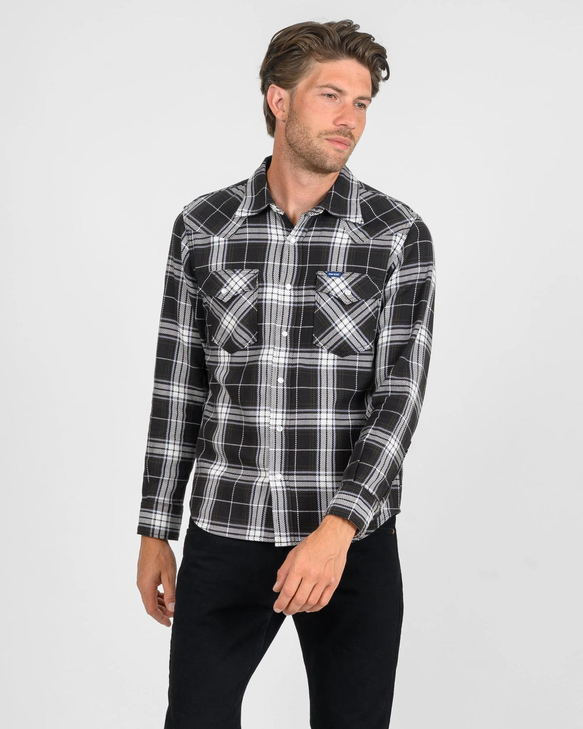 IHSH-439-BLK 9oz Selvedge Flannel Check Western Shirt - Black