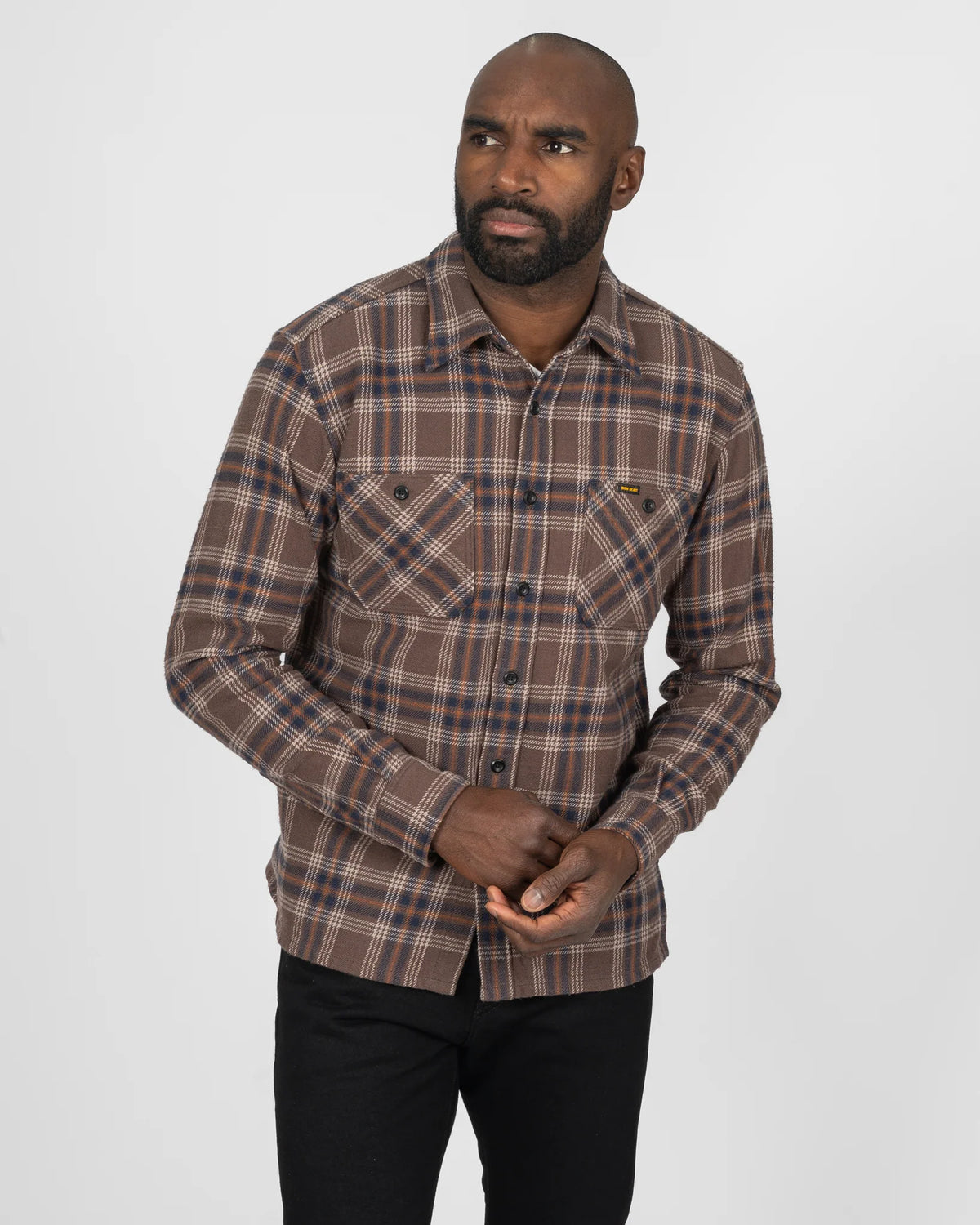 Iron Heart  IHSH-430 Slubby Heavy Flannel Check Work Overshirt - Brown