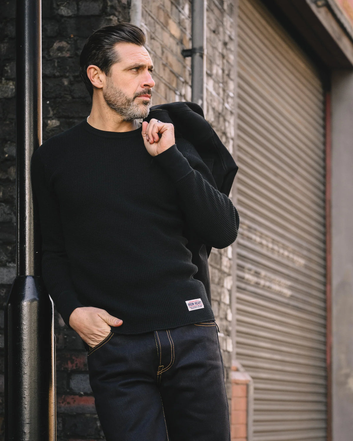 Iron Heart IHTL-1301 Waffle Knit Long Sleeved Crew Neck Thermal Top - Black