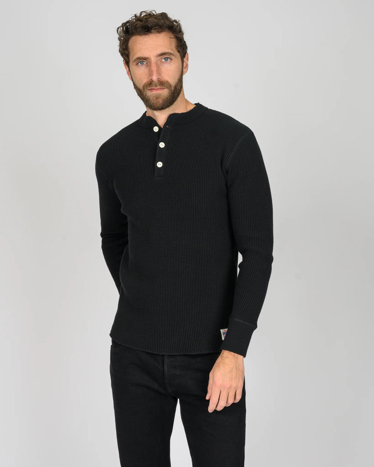 Iron Heart IHTL-1213 Waffle Knit Long Sleeved Thermal Henley - Black