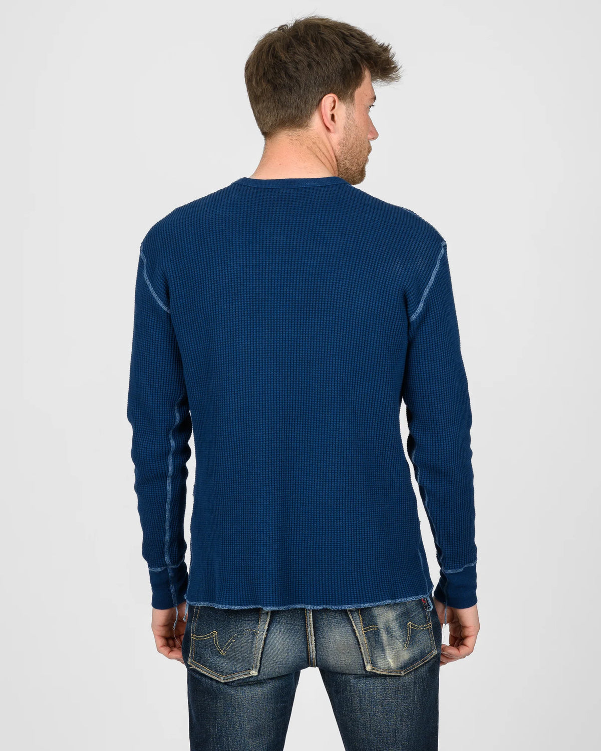 Iron Heart IHTL-1301 Waffle Knit Long Sleeved Crew Neck Thermal Top - Indigo Dyed