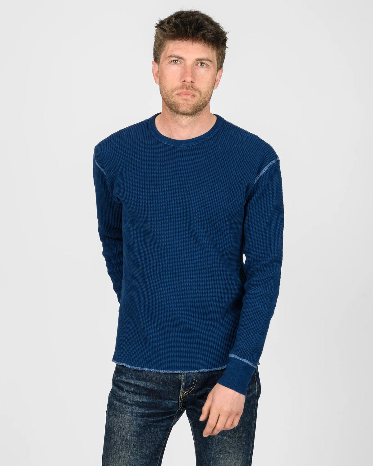 Iron Heart IHTL-1301 Waffle Knit Long Sleeved Crew Neck Thermal Top - Indigo Dyed