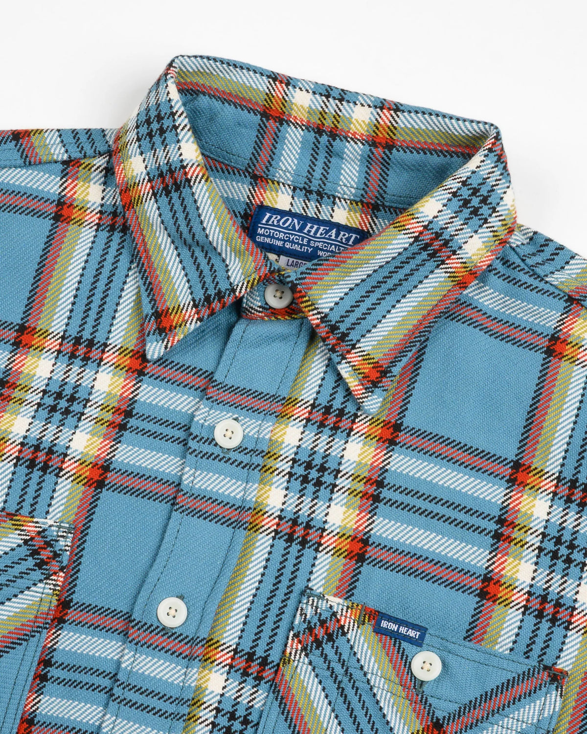 Iron Heart IHSH-442-SAX 9oz Selvedge Flannel Check Work Shirt - SAX
