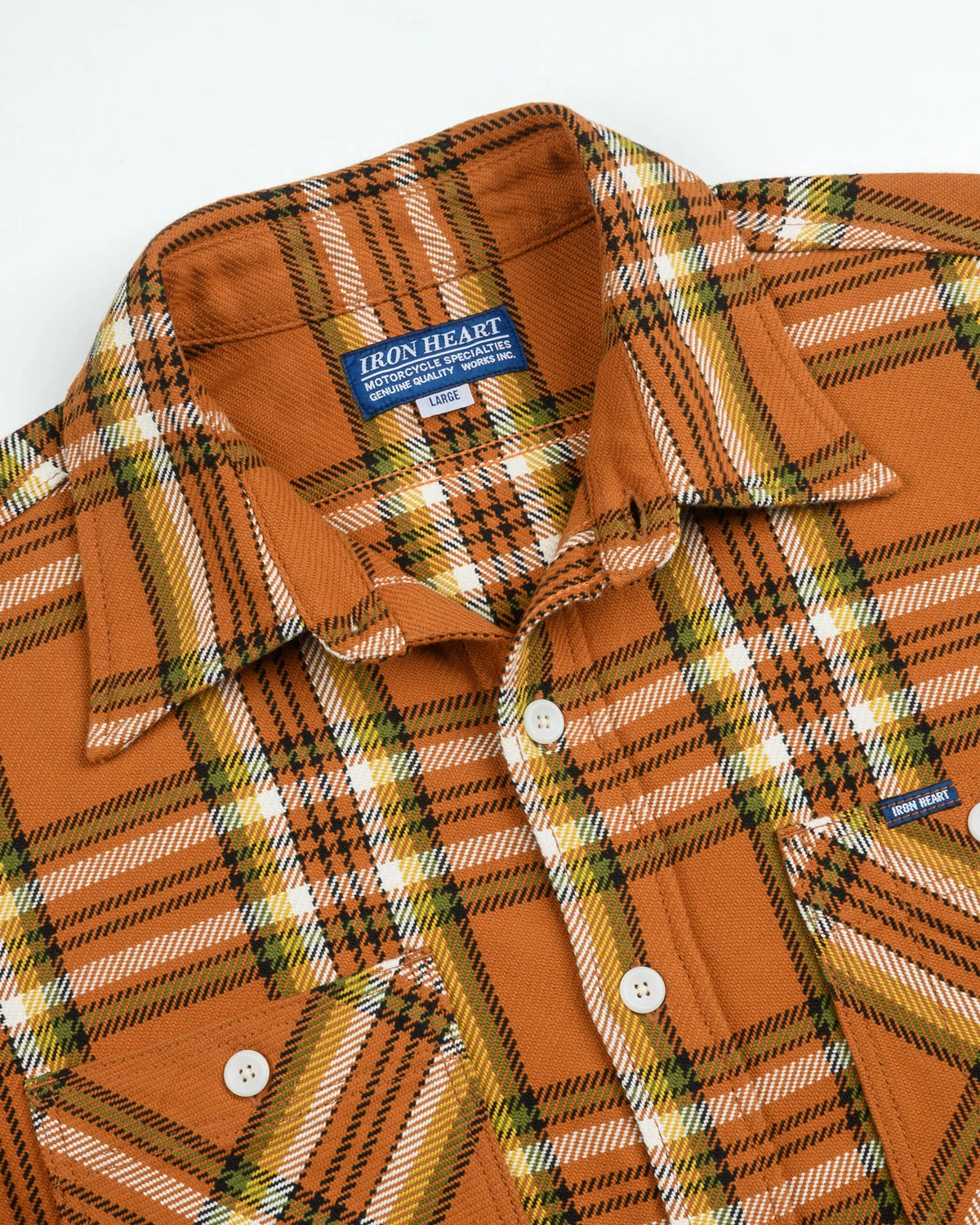 Iron Heart IHSH-442-ORA 9oz Selvedge Flannel Check Work Shirt - Orange