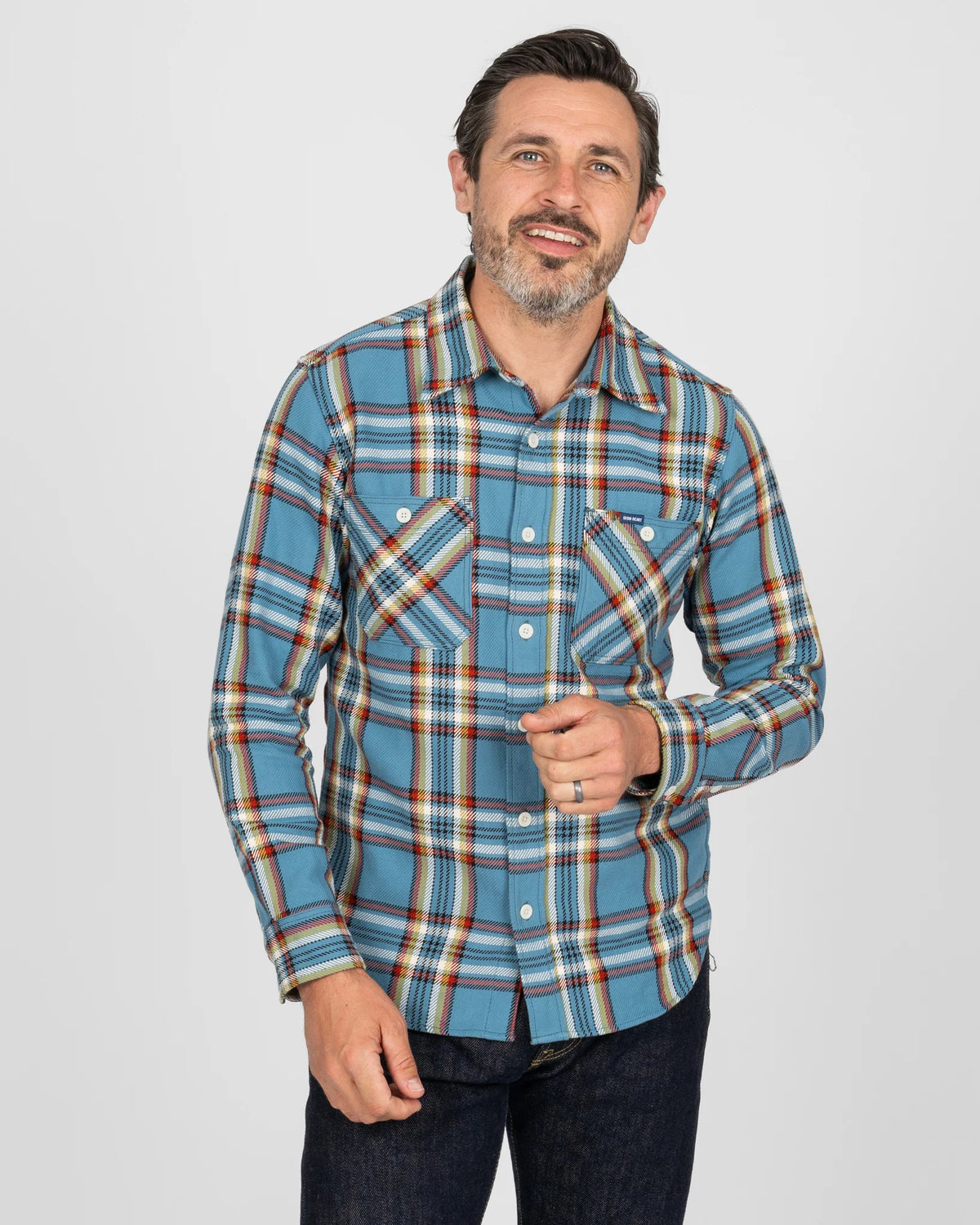 Iron Heart IHSH-442-SAX 9oz Selvedge Flannel Check Work Shirt - SAX