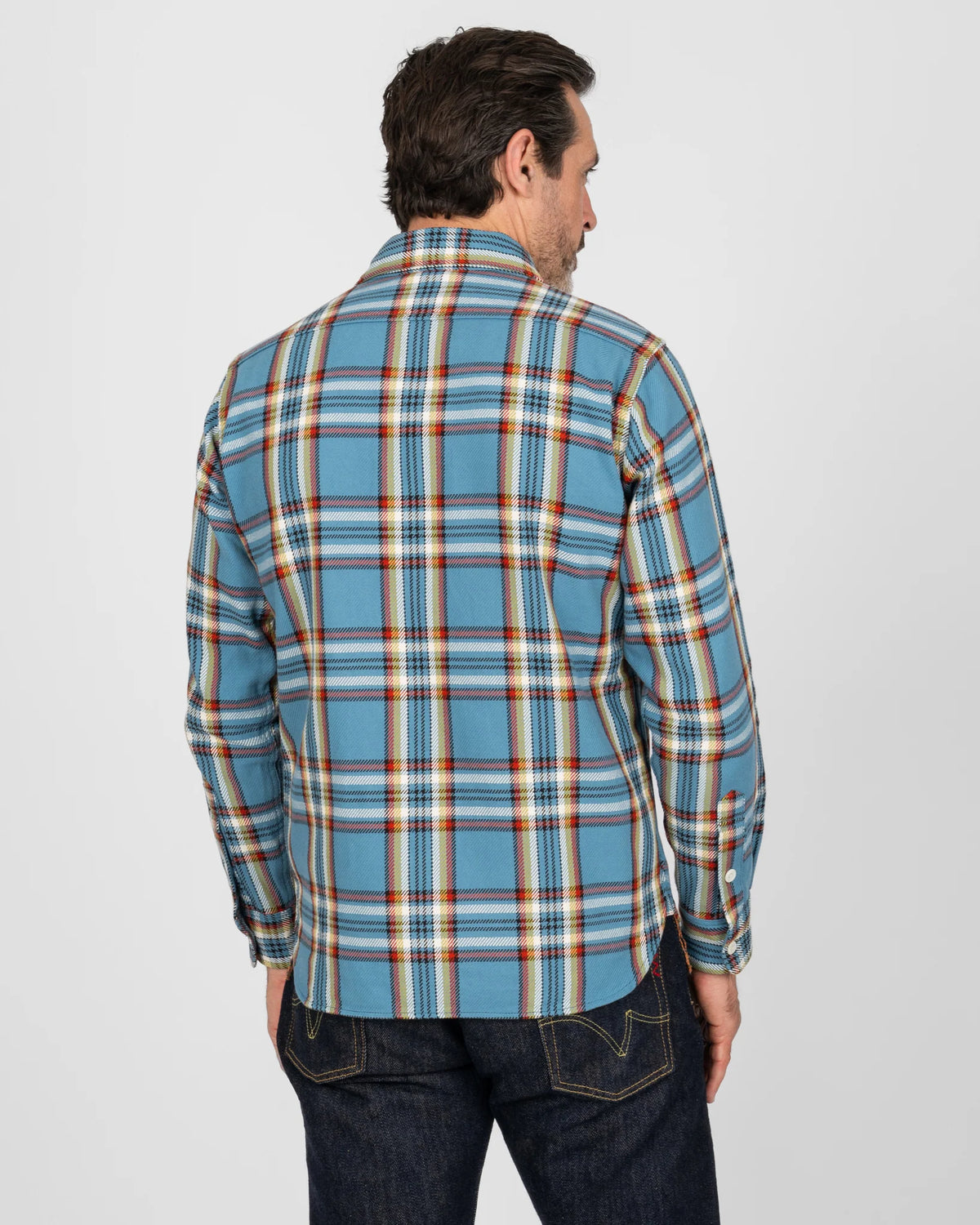 Iron Heart IHSH-442-SAX 9oz Selvedge Flannel Check Work Shirt - SAX