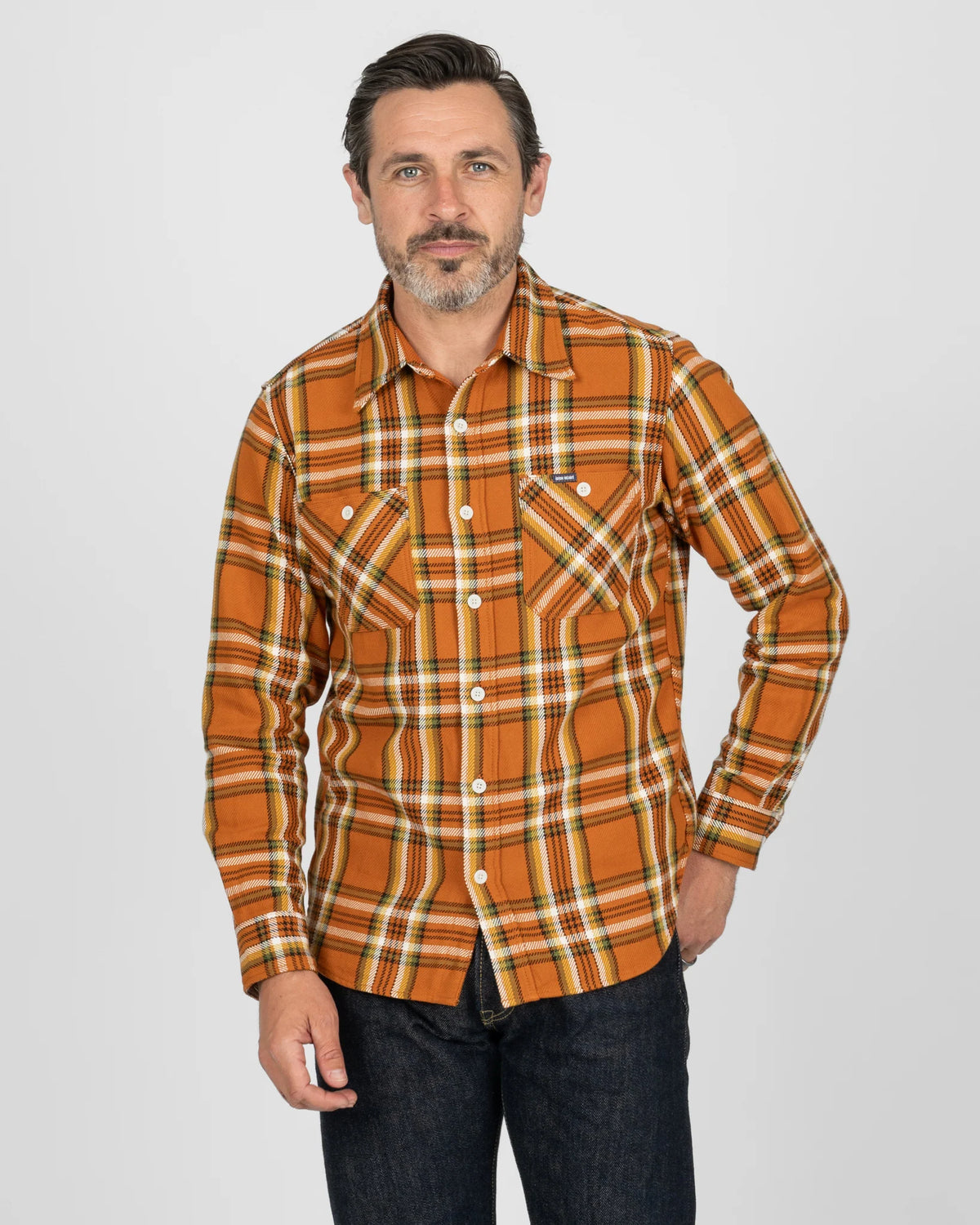Iron Heart IHSH-442-ORA 9oz Selvedge Flannel Check Work Shirt - Orange
