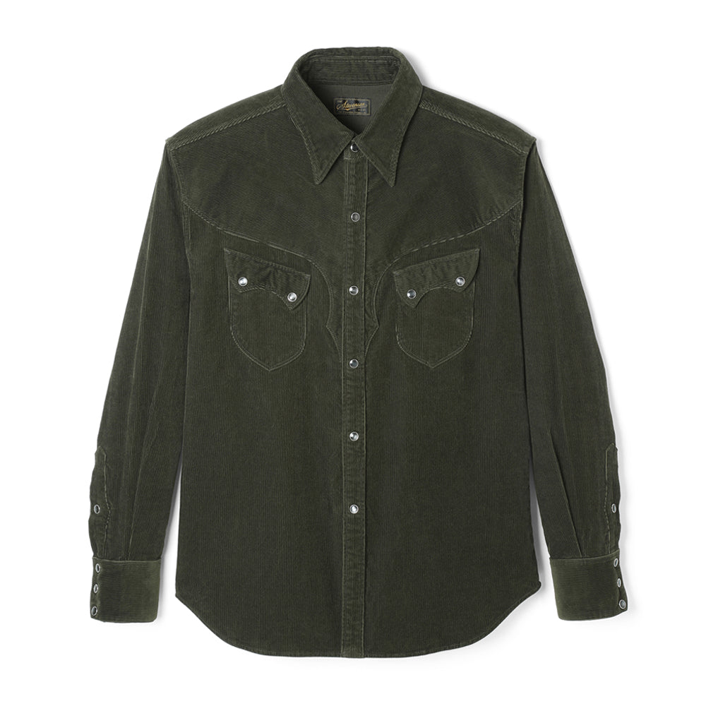 Stevenson Overall Co. CD3 Cody Snap Indigo Western Denim Shirt Olive Corduroy