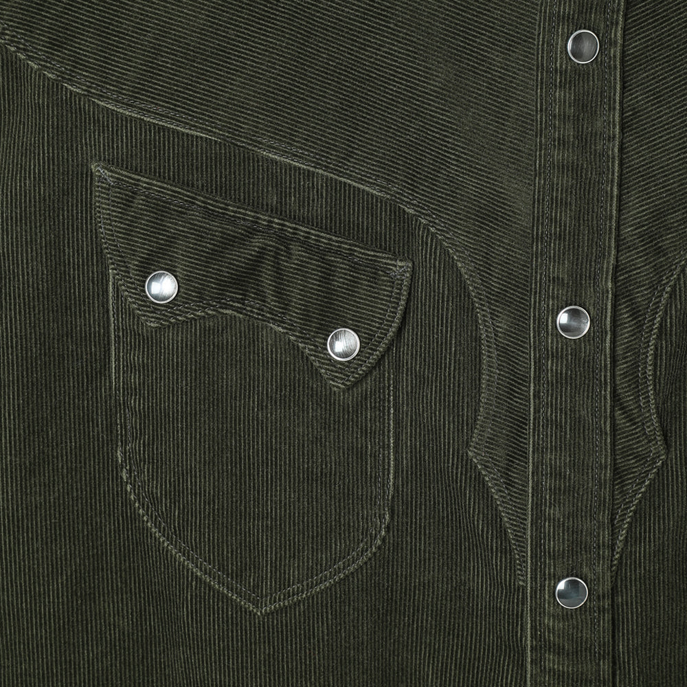 Stevenson Overall Co. CD3 Cody Snap Indigo Western Denim Shirt Olive Corduroy