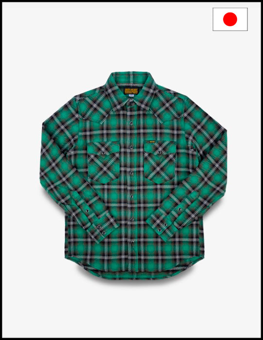 Iron Heart IHSH-405 12oz Ultra Heavy Flannel Check Western Shirt - Green