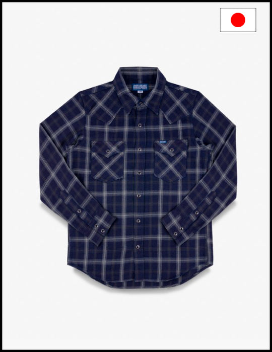 Iron Heart  IHSH-411 9oz Selvedge Indigo Check Flannel Western Shirt - Black