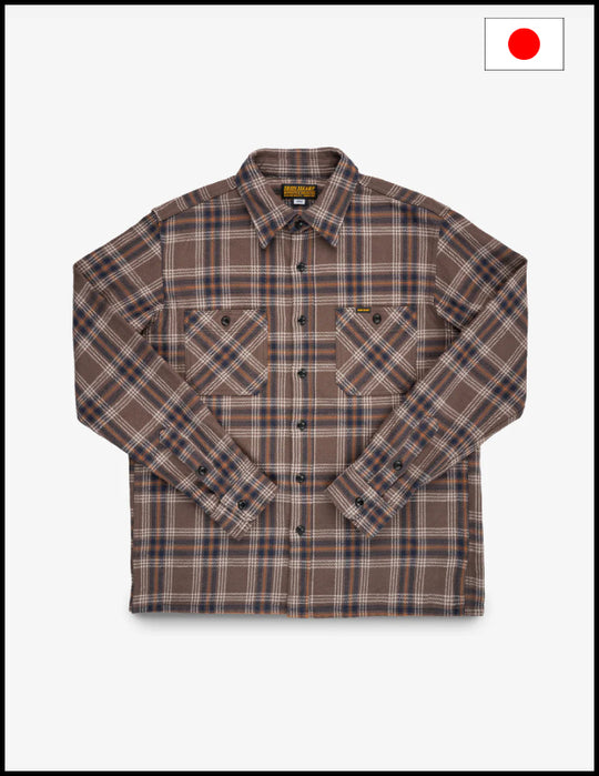 Iron Heart  IHSH-430 Slubby Heavy Flannel Check Work Overshirt - Brown