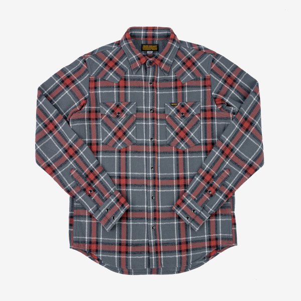 Iron Heart IHSH-369 12oz Slubby Heavy Flannel Herringbone Check Western Shirt - Grey