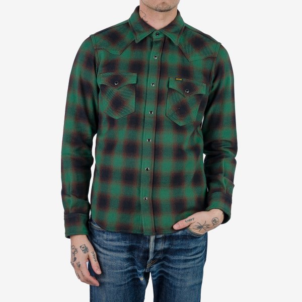 Iron Heart IHSH-373 Ultra Heavy Flannel Ombré Check Western Shirt - Green