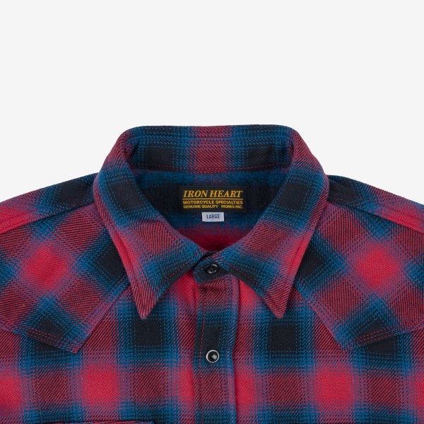Iron Heart IHSH-373 Ultra Heavy Flannel Ombré Check Western Shirt - Red
