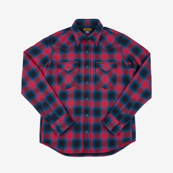 Iron Heart IHSH-373 Ultra Heavy Flannel Ombré Check Western Shirt - Red