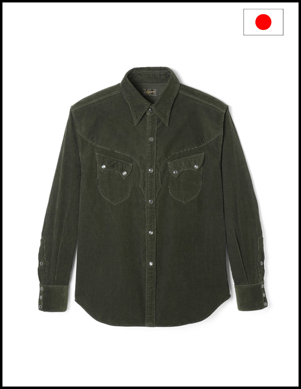 Stevenson Overall Co. CD3 Cody Snap Indigo Western Denim Shirt Olive Corduroy