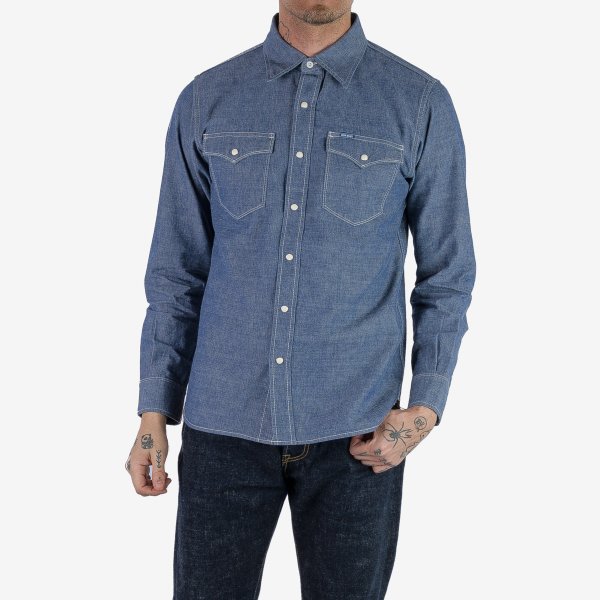 Iron Heart  IHSH-13 10oz Selvedge Chambray Single Yoke Western Shirt - Blue