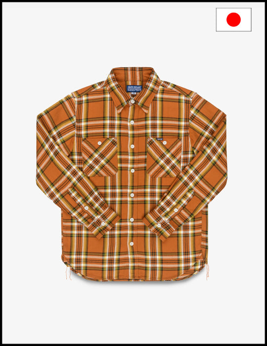 Iron Heart IHSH-442-ORA 9oz Selvedge Flannel Check Work Shirt - Orange