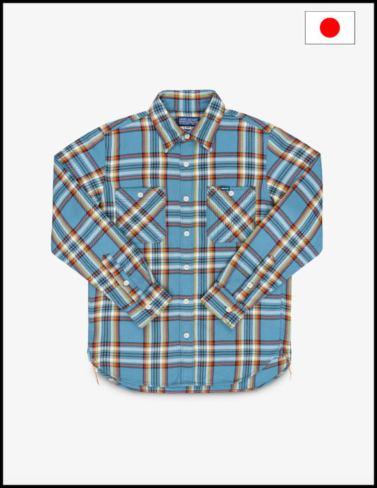 Iron Heart IHSH-442-SAX 9oz Selvedge Flannel Check Work Shirt - SAX