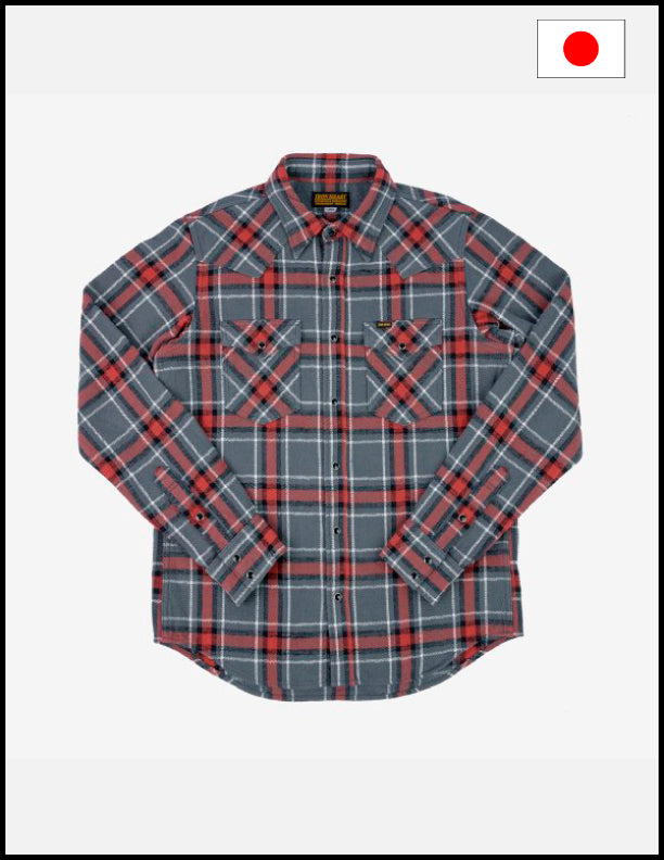 Iron Heart IHSH-369 12oz Slubby Heavy Flannel Herringbone Check Western Shirt - Grey