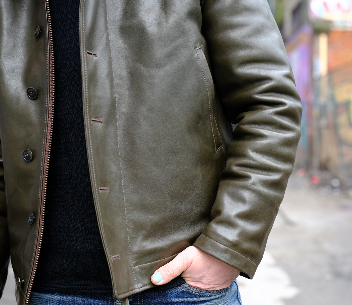 The Shop X Y'2 Leather 1.3mm Olive Eco Horse N1 Deck Jacket - The The Shop X Y'2 Leather 1.3mm Olive Eco Horse N1 Deck Jacket - The