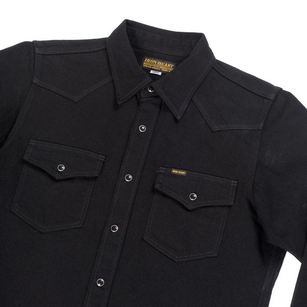 Iron Heart 12oz Selvedge Denim Western Shirt - Black With Black Snaps